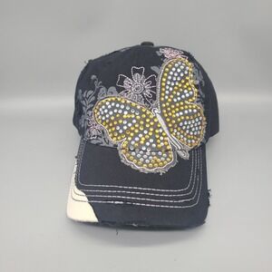 Leader Hat Womens Black Butterfly Flower Distressed Buckle Cotton
